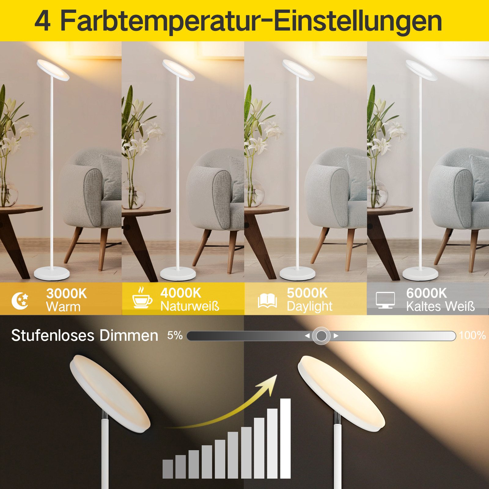 OUTON LED Stehlampe Uplighter Stehleuchte, Stufenlos, 30W, 3000 Lumen, Sprachsteuerung, magnetische Fernbedienung, Farbtemperatur 2700–6500 K
