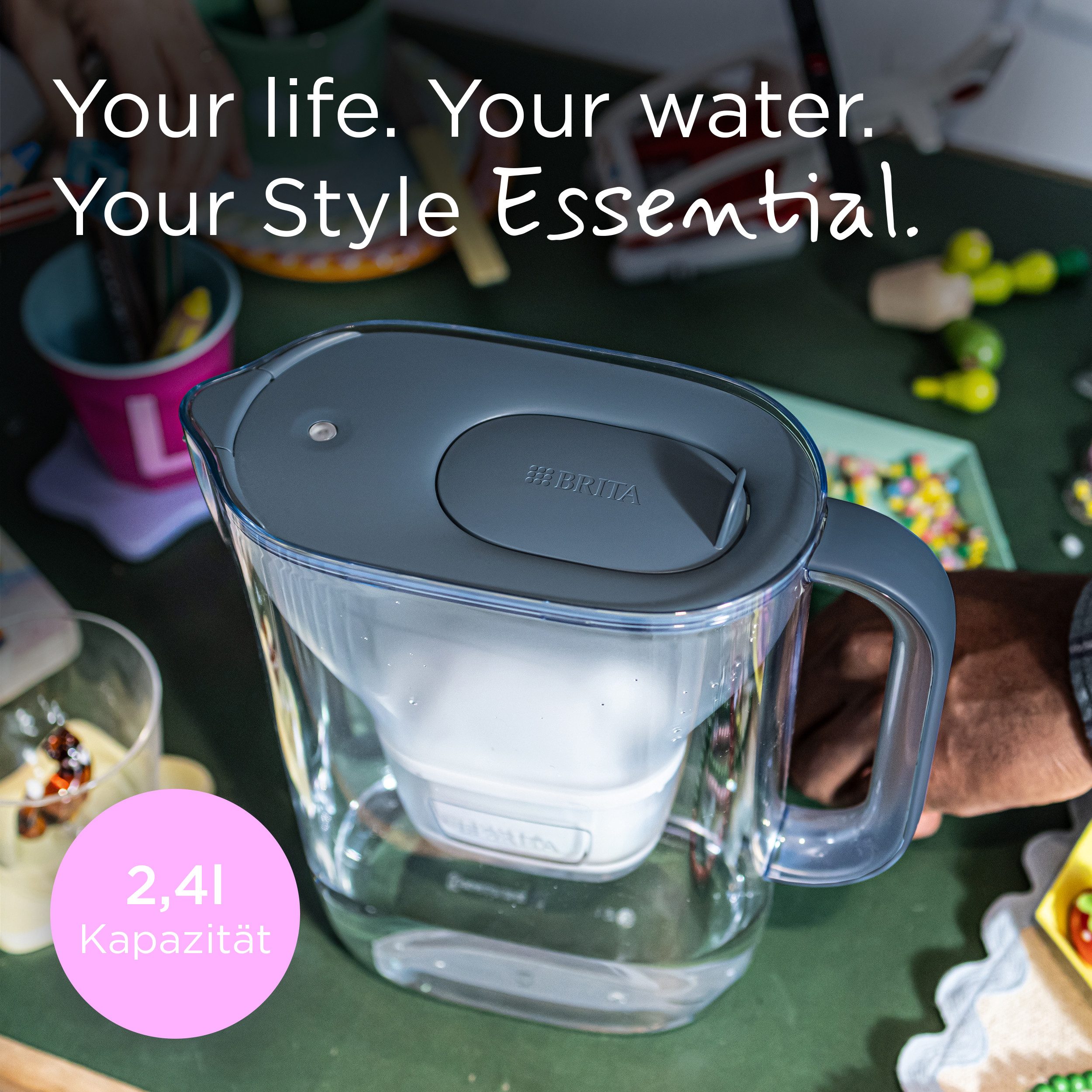 BRITA Wasserfilter Kanne Style Essential steinblau - 6x BRITA MAXTRA PRO Pure Performance, Kühlschrankgeeignete Filterkanne (2,4l) filtert Verunreinigungen etc