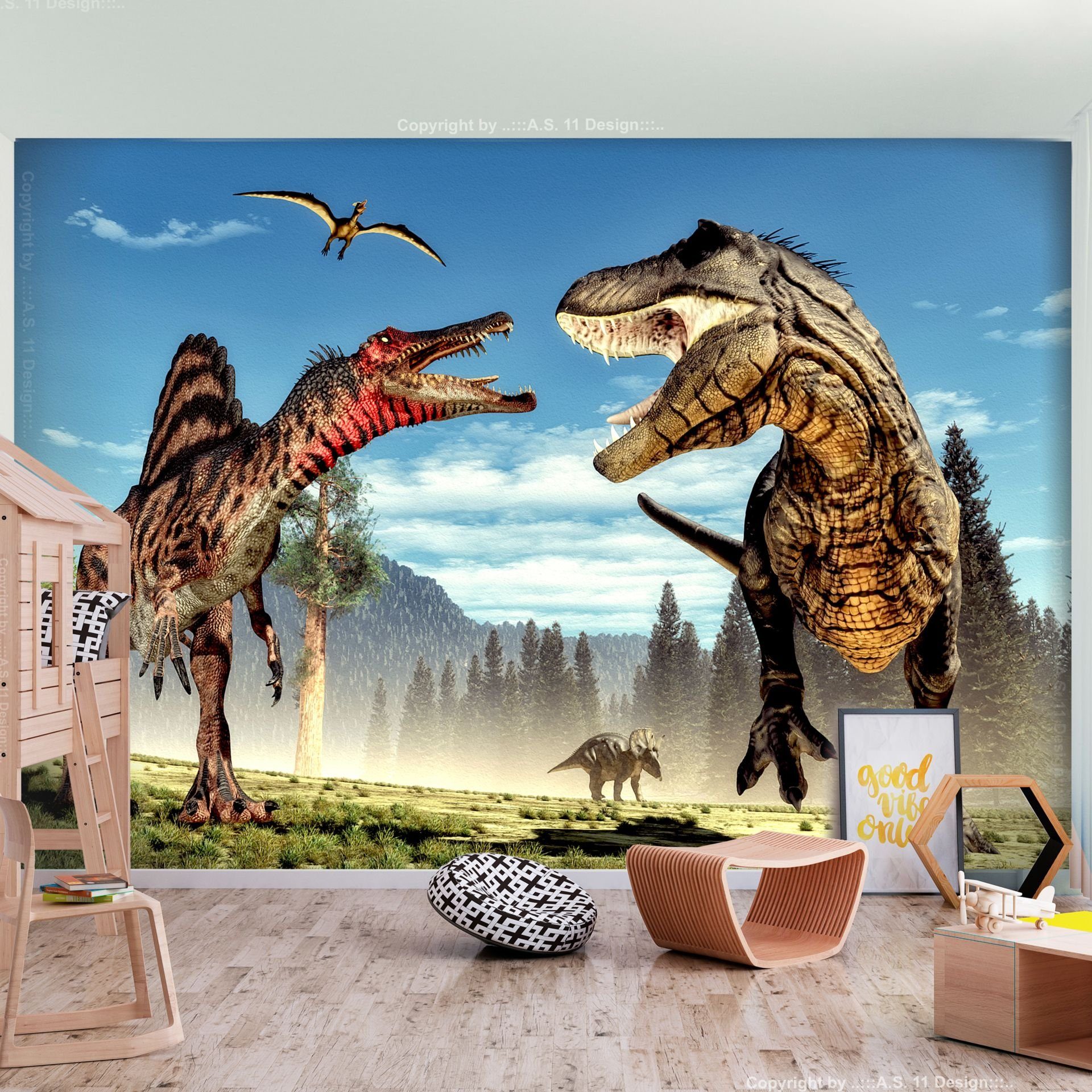 KUNSTLOFT Vliestapete Fighting Dinosaurs 1x0.7 m, halb-matt, lichtbeständige Design Tapete