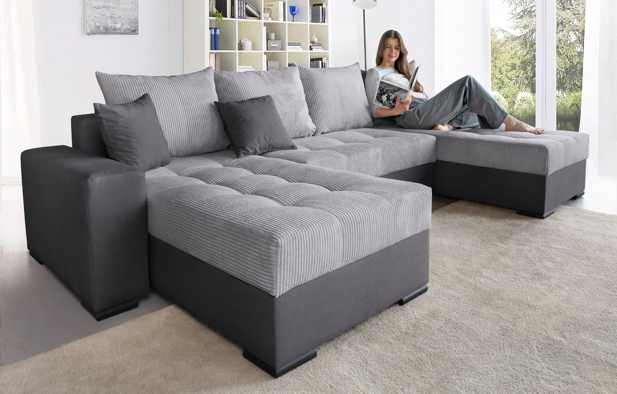 COLLECTION AB Wohnlandschaft Josy XL U-Form, B: 313 cm in Cord, Cord-Mix, Schlaffunktion, Bettkasten & 2 Zierkissen, Federkern