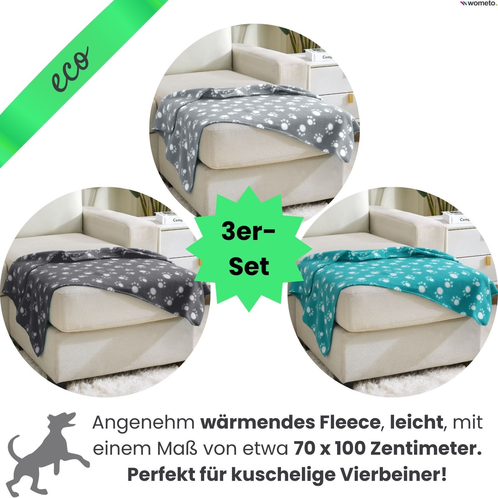 wometo Tierdecke 3er Set Tierdecke eco-line aus 100% recyceltem Fleece, OEKO-TEX®, süßer Pfötchen-Print, aus 100% recyceltem Material