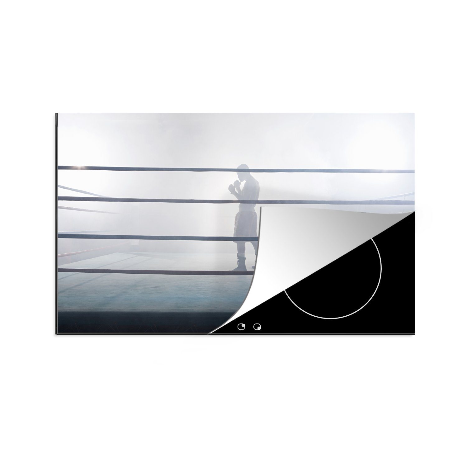 MuchoWow Herdblende-/Abdeckplatte Ein nebliges Foto eines Boxers im Ring, Vinyl, (1 tlg), 81x52 cm, Induktionskochfeld Schutz für die küche, Ceranfeldabdeckung | Herdabdeckplatten