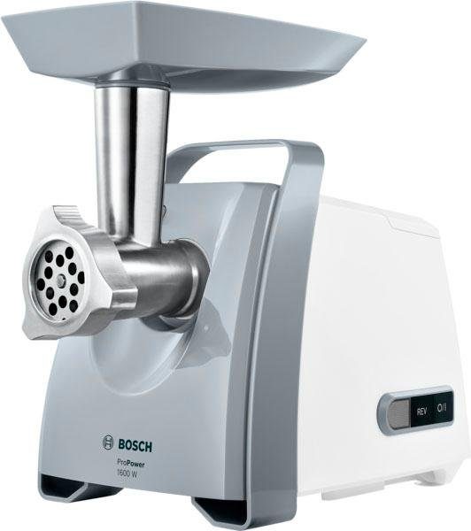 BOSCH Fleischwolf ProPower MFW45020, 1600 W Blockierlei., Rücklauf, 3 Lochscheiben, weiß, 500 W, Edelstahl Loch-Scheiben 3,8 + 8mm, Stopfer, Kebbe-, Wurst-Aufsatz