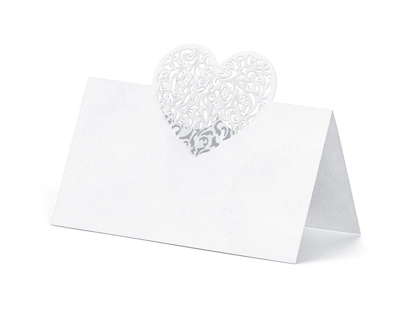 Tischkarten 9x6,5cm Ornament mit partydeco weiß Papierdekoration, Herz 10 perlmutt Stück blanko