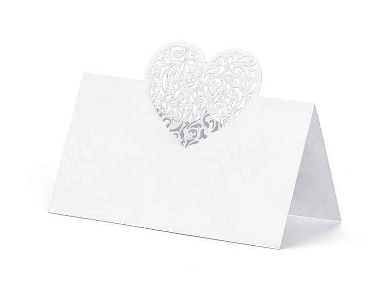 partydeco Papierdekoration, Tischkarten mit Herz Ornament 9x6,5cm blanko 10 Stück weiß perlmutt