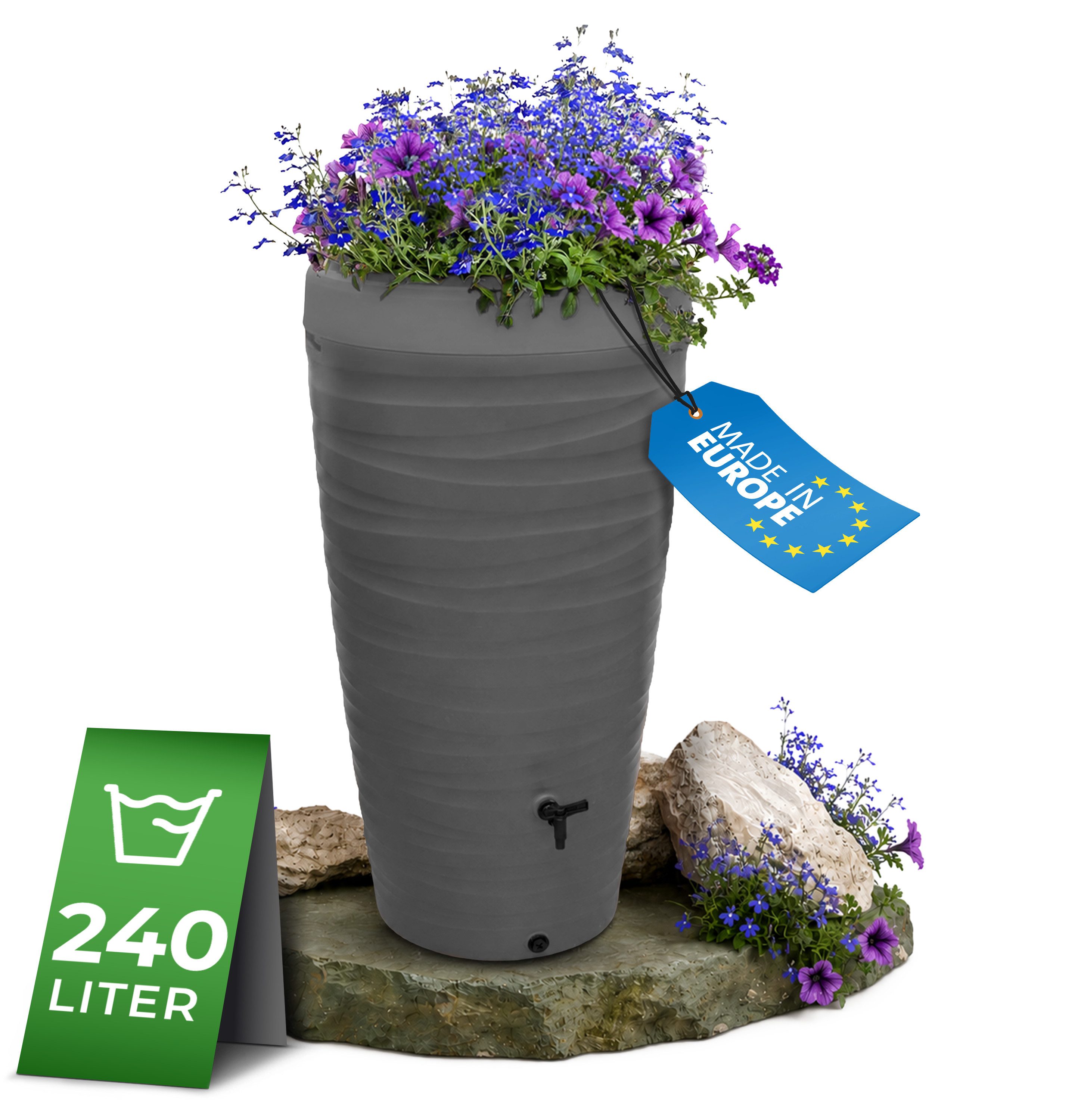 YourCasa Regentonne 240 Liter [Wave Design] Regenfass aus Kunststoff mit Wasserhahn, Bepflanzbar,240L,mit Wasserhahn