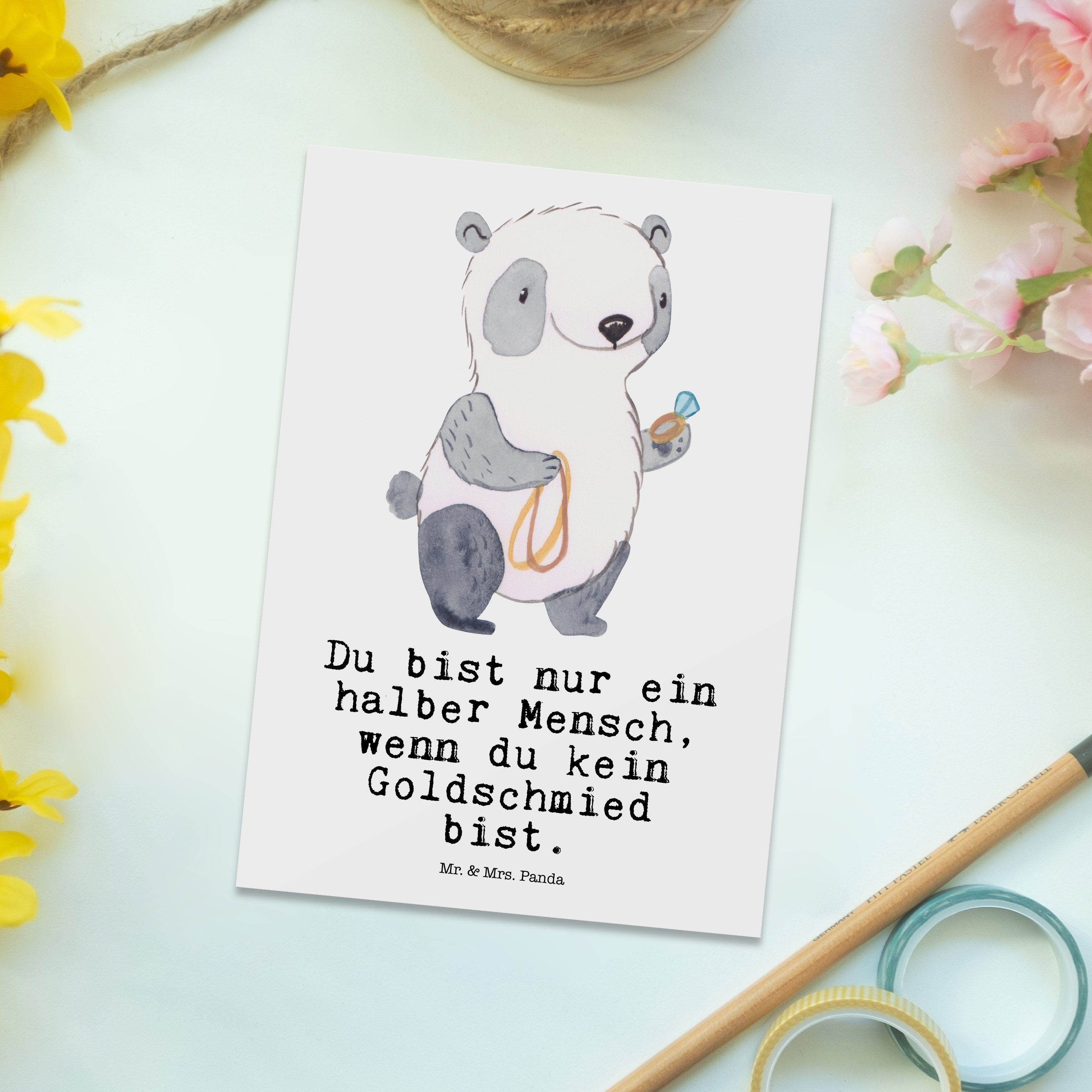 & Mrs. Ansichtskart Mr. Schmuckgeschäft, Panda Weiß mit Goldschmied - Herz Postkarte - Geschenk,