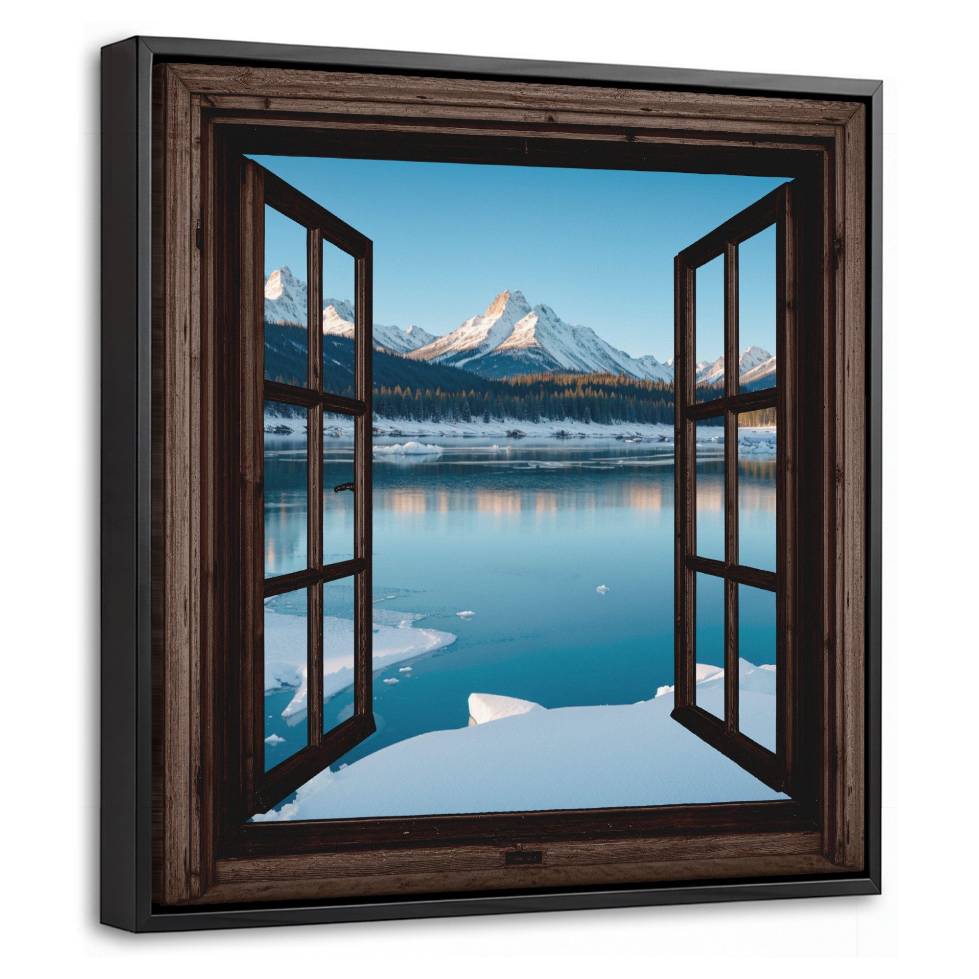 OneMillionCanvasses® Leinwandbild mit Rahmen - Durchblick - Winterlandschaft - See - Berge - Ausblicke, Fotodruck (1 St), Leinwand Bilder Klein, Wand Dekoration Aesthetic 20x20cm