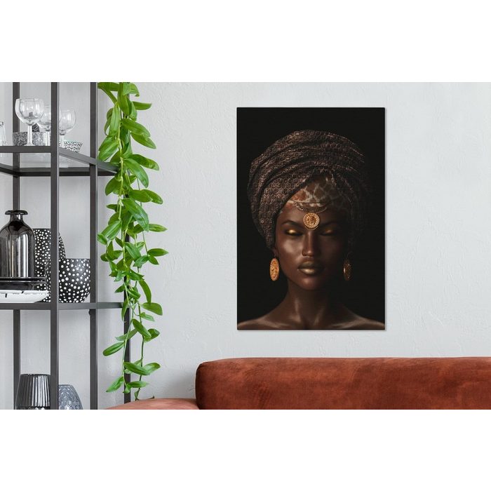 OneMillionCanvasses® Leinwandbild Frau - Kopftuch - Giraffendruck (1 St) Leinwand Bilder für Wohnzimmer Schlafzimmer