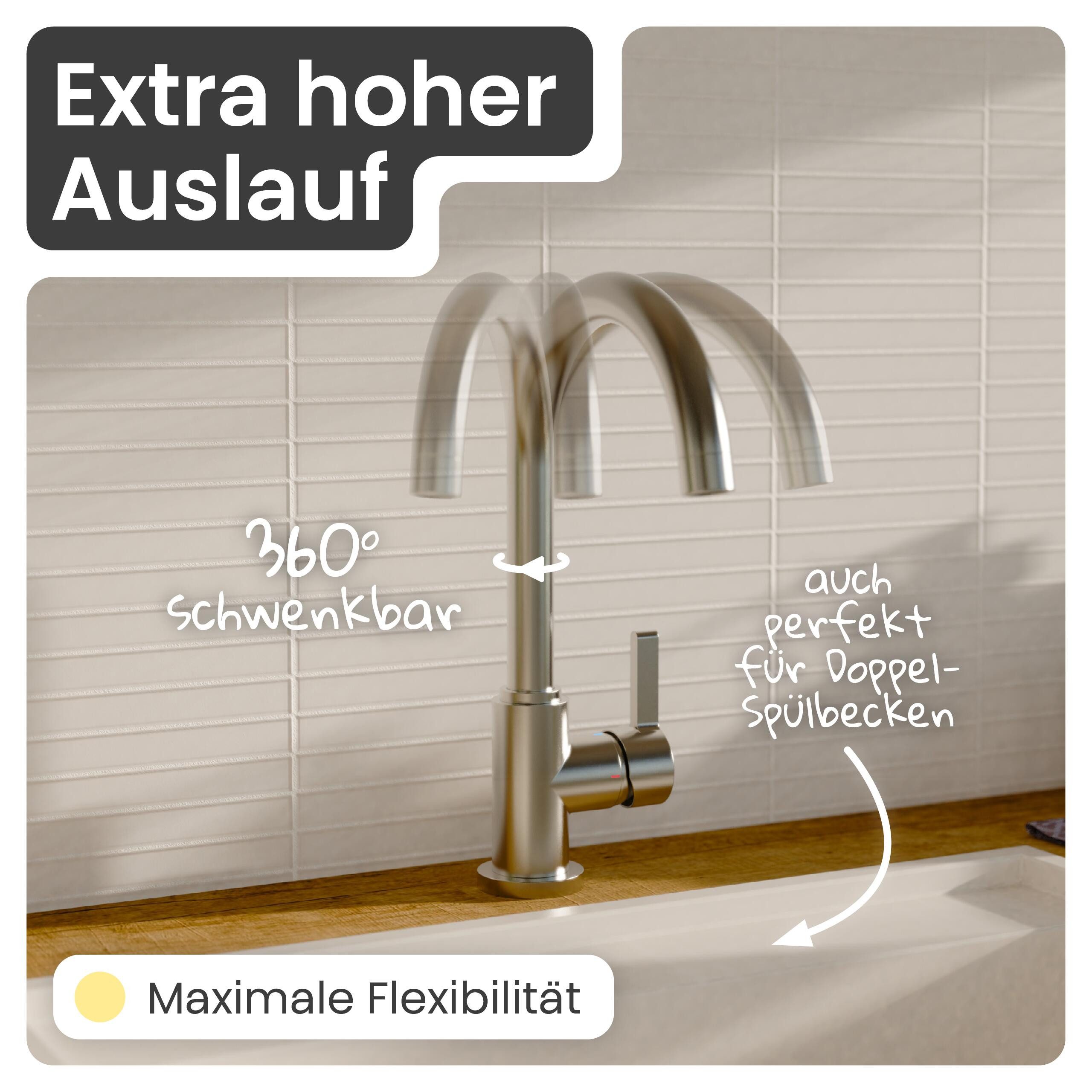 instmaier Spültischarmatur Leona 360° schwenkbar, Edelstahl-Optik, Hochdruck