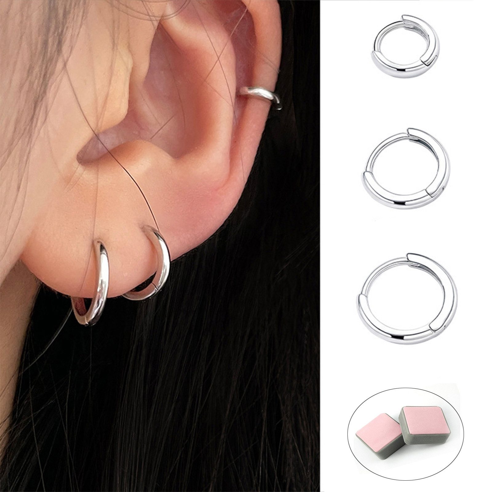 MOPUEA Ohrring-Set Creolen Ohrring-Set Damen Silberfarben 3 Paar Geschenkbox (Ohrring-Set, 3 Paar Creolen in 8 mm, 10 mm und 12 mm Größe), Leicht, glänzend, vielseitig, verschiedene Größen, Geschenkbox