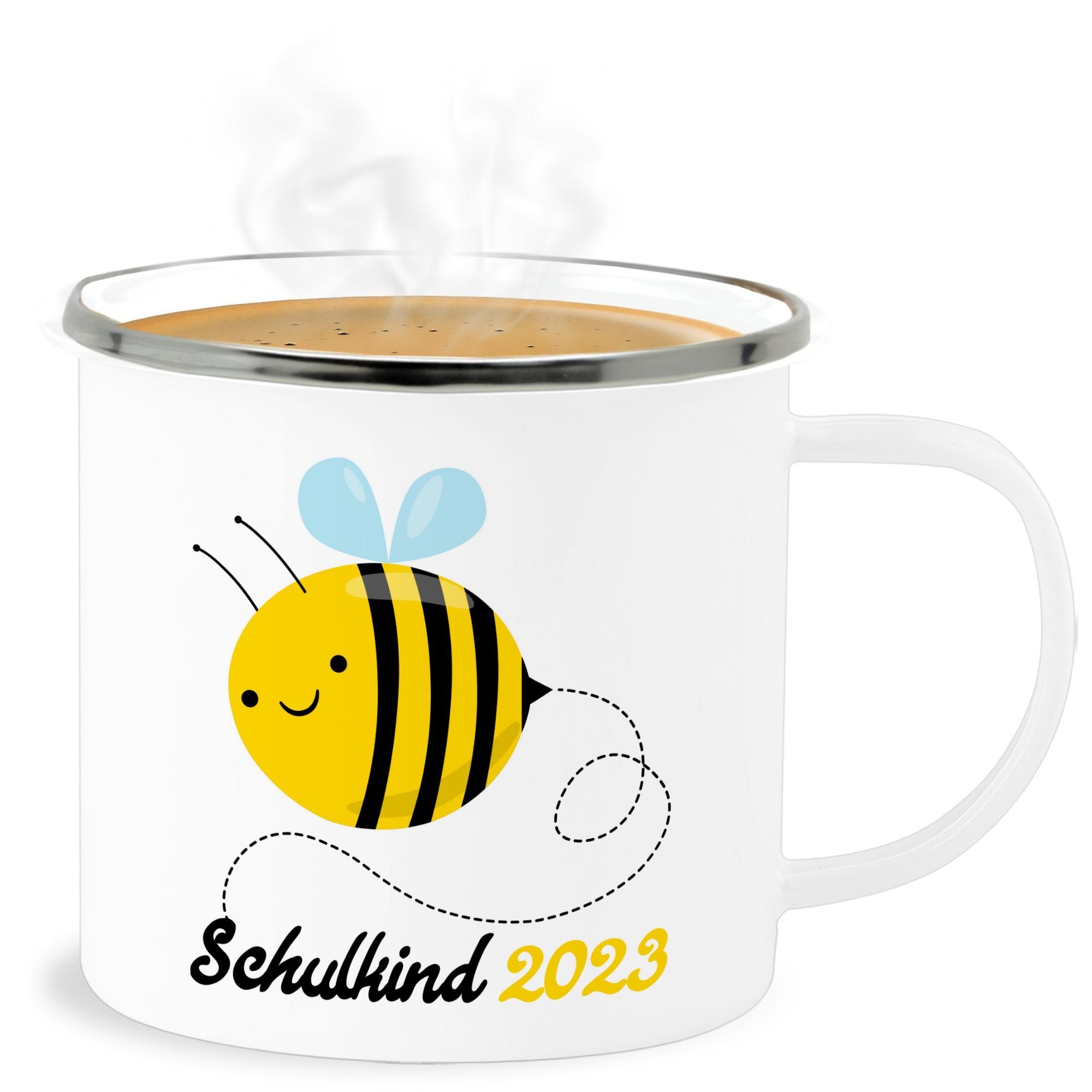 Schulkind Shirtracer Weiß 2023, Geschenk Stahlblech, Silber 2 Einschulung Biene Becher Tasse