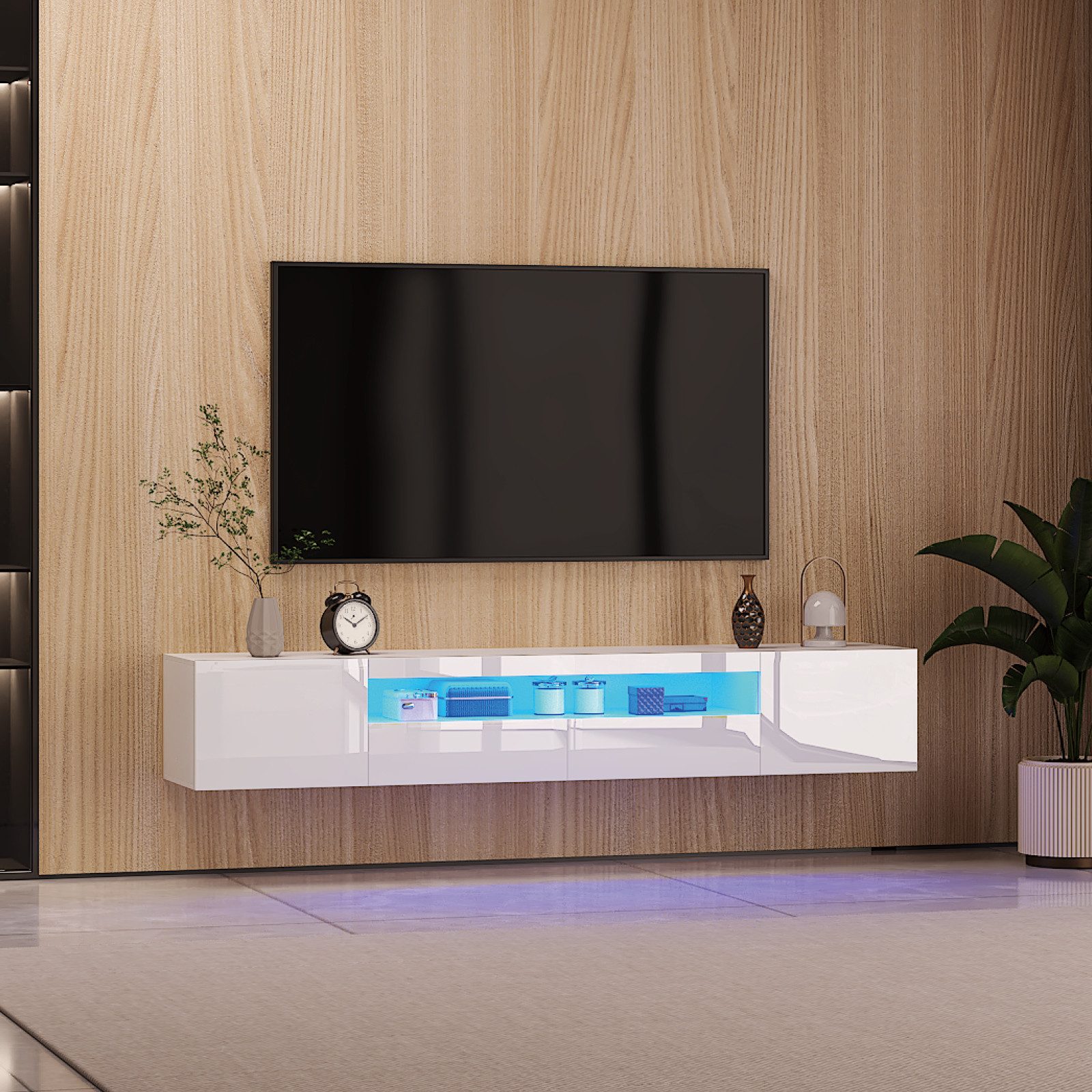 radelldar Lowboard 180cm Hochglanz mit LED-Beleuchtung und Stauraum (1 St), hängender TV-Schrank für Fernseher bis 85 Zoll
