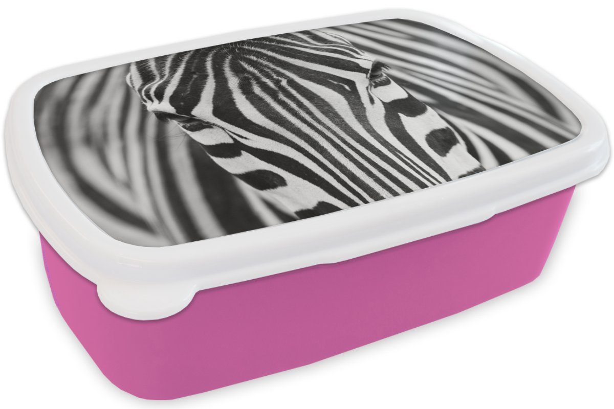 - Tiere Zebra Kunststoff MuchoWow Kunststoff, - für rosa Porträt, Snackbox, weiß (2-tlg), Mädchen, Brotbox Erwachsene, und - Brotdose Lunchbox Kinder, Schwarz