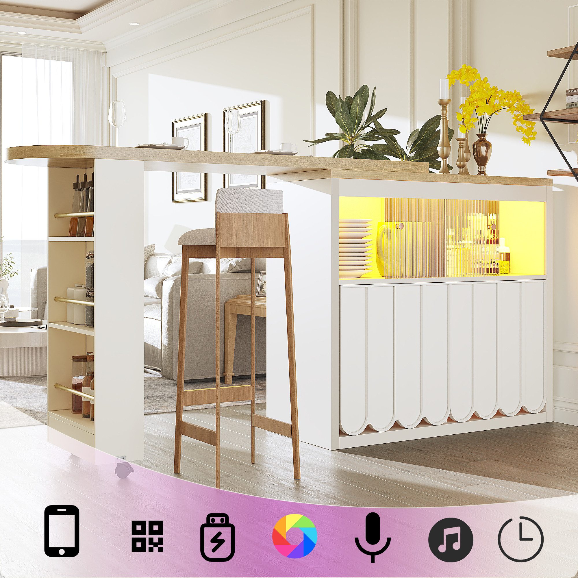 Flieks Bartisch mit 360° drehbar Tisch, LED-Beleuchtung und Glas-Schiebetüren (Set, 2-St., mit Rollen und verstellbaren Einlegeböden, 135-205×39×100cm), beweglicher Stehtisch Küchenschrank mit zaunförmige Türen Weiß