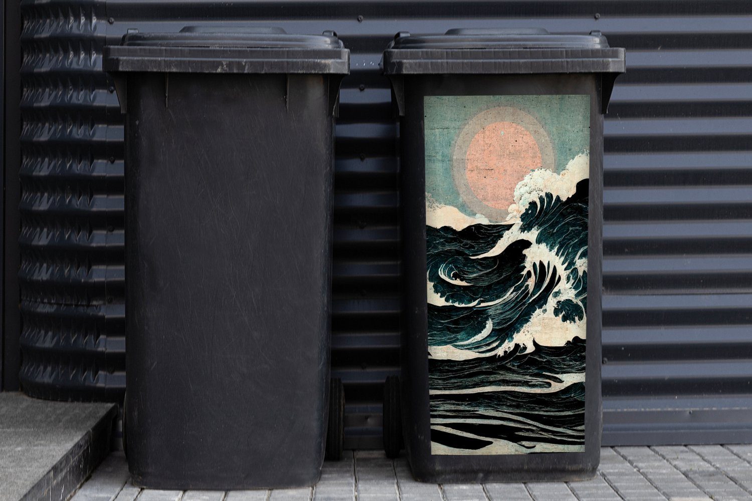 MuchoWow Mülleimer-aufkleber, - Sticker, (1 Wandsticker - Mülltonne, Sonne Meer Jahrgang St), Wellen - Abfalbehälter Container,