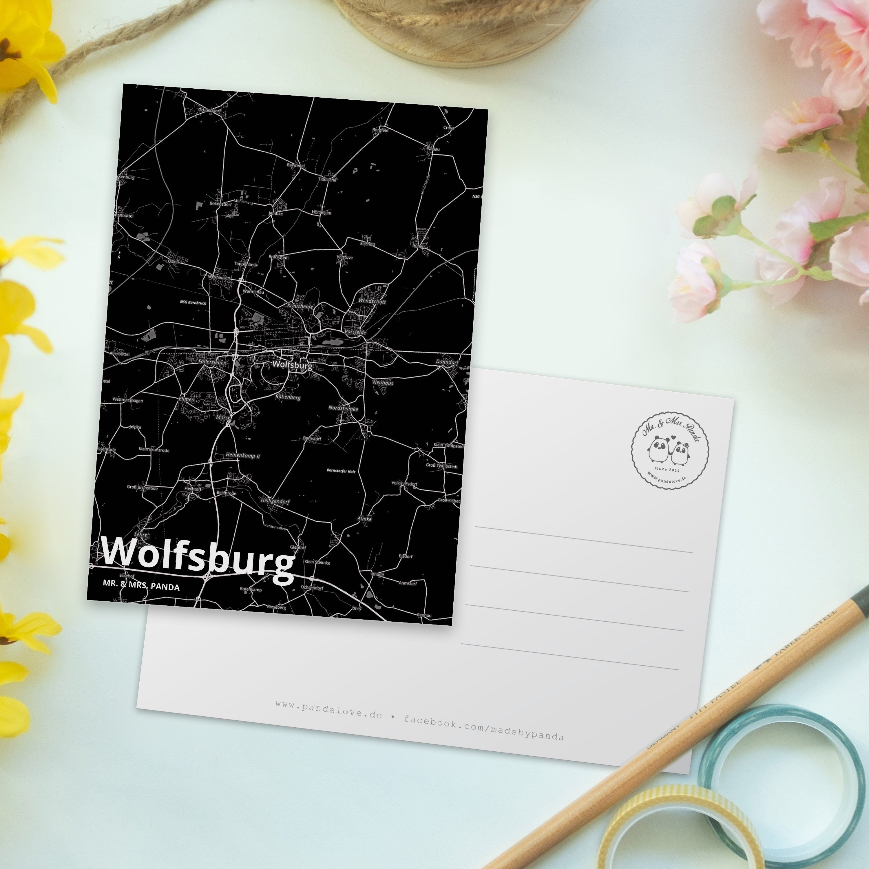 Mr. & Landkart Dorf Postkarte Ansichtskarte, Karte Panda Karte, Geschenk, - Wolfsburg Mrs. Stadt