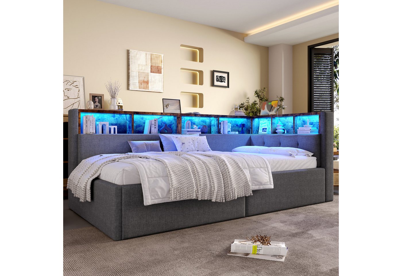 Odikalo Schlafsofa Schlafcouch mit Bettkasten und LED, Tagesbett, Daybett, 90×200 cm, USB- + Typ-C-Anschlüsse, hydraulische Aufbewahrungsfunktion, mehrere Staufächer, mit mehrfarbiger LED-Streifenbeleuchtung, Ohne Matratze, Leinen, Grau / Beige