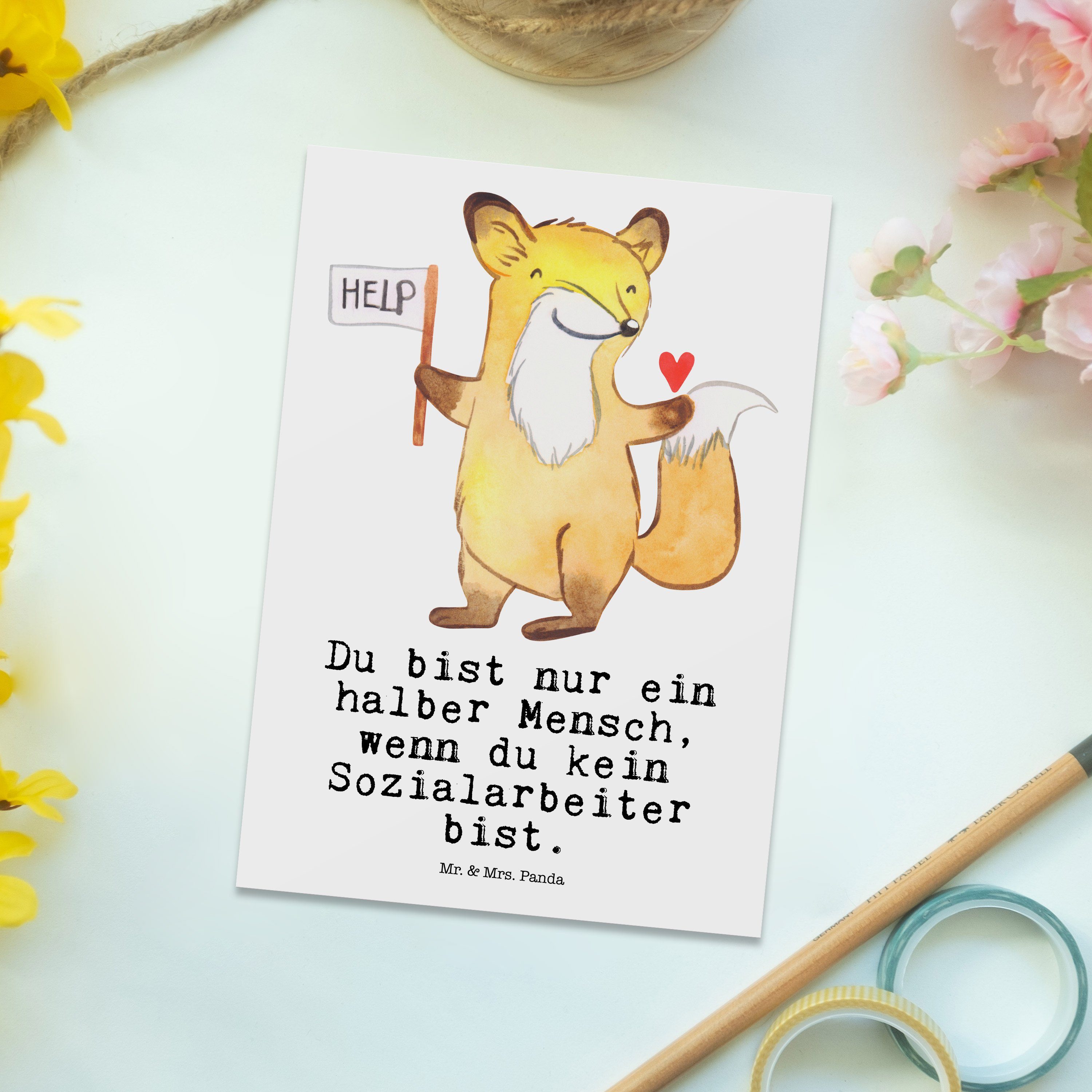 Mr. & - Postkarte Weiß - Geschenk mit Sozialarbeiter Panda Herz Rente, Grußkarte, Geschenk, Mrs