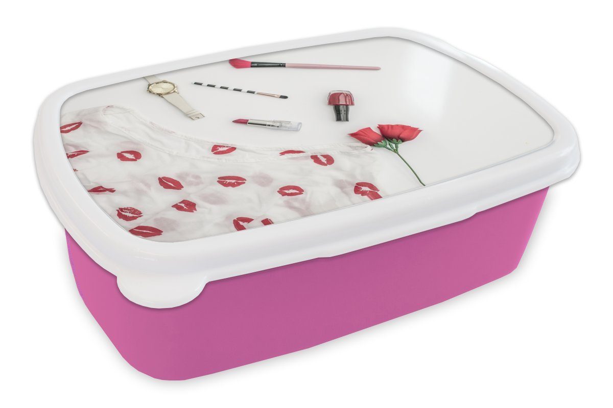 MuchoWow Lunchbox Make-up mit einer Brotdose für Uhr, Kunststoff Mädchen, (2-tlg), Kinder, Snackbox, rosa Kunststoff, Erwachsene, Brotbox