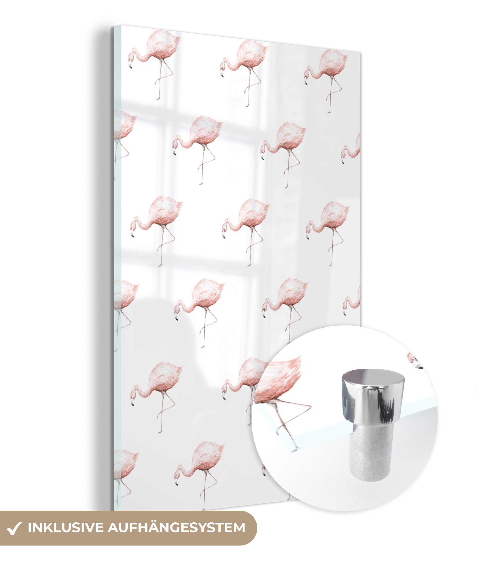 MuchoWow Acrylglasbild Flamingo - Pastell - Muster, (1 St), Glasbilder - Bilder auf Glas Wandbild - Foto auf Glas - Wanddekoration