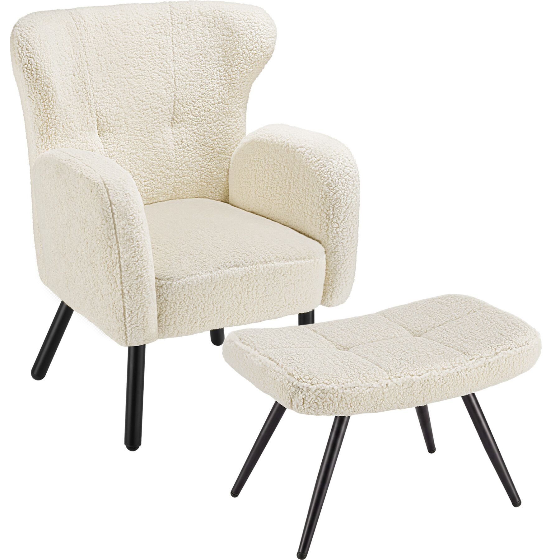 tectake Relaxsessel Ohrensessel mit Hocker Bouclé dick gepolstert skandinavisch Design (Fernsehsessel Mit Hocker Vänersborg, in Bouclé creme/schwarz), runde Stahlbeine, höhenverstellbare Füße, Belastbarkeit 120 kg