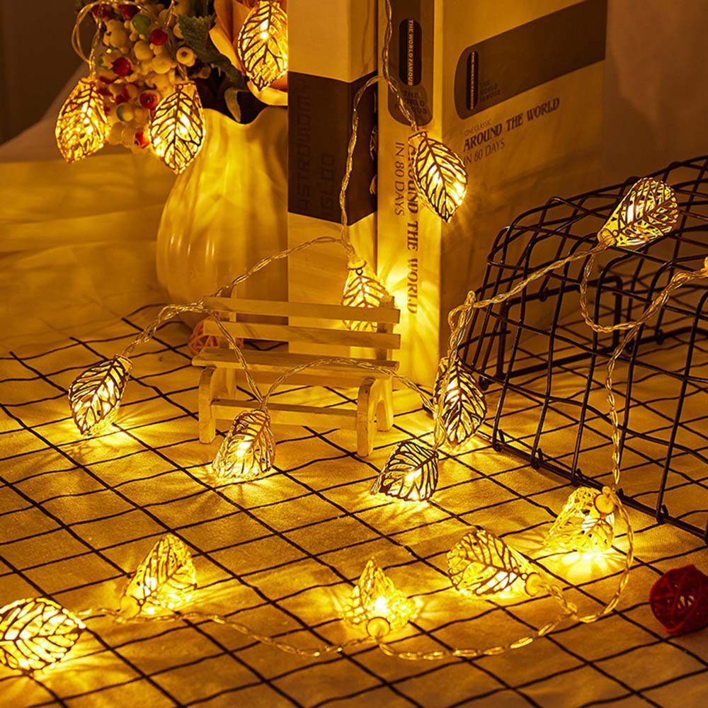 Rosnek LED-Lichterkette 1.5/3M, Gold Warmweiß, Deko, Wohnzimmer; Batterie für Metall, Party Schlafzimmer Blätter, Weihnachtsbaum