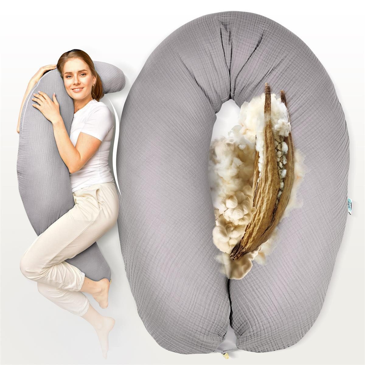 SEI Design Подушки для кормления Kapok Подушки для кормления Naturstillkissen 190x30 Seitenschläferkissen Natur, Schwangerschaftskissen mit Bezug, Schwangerschaftskissen mit Bezug, Kapok-Füllung, Bezug Bio-Baumwolle