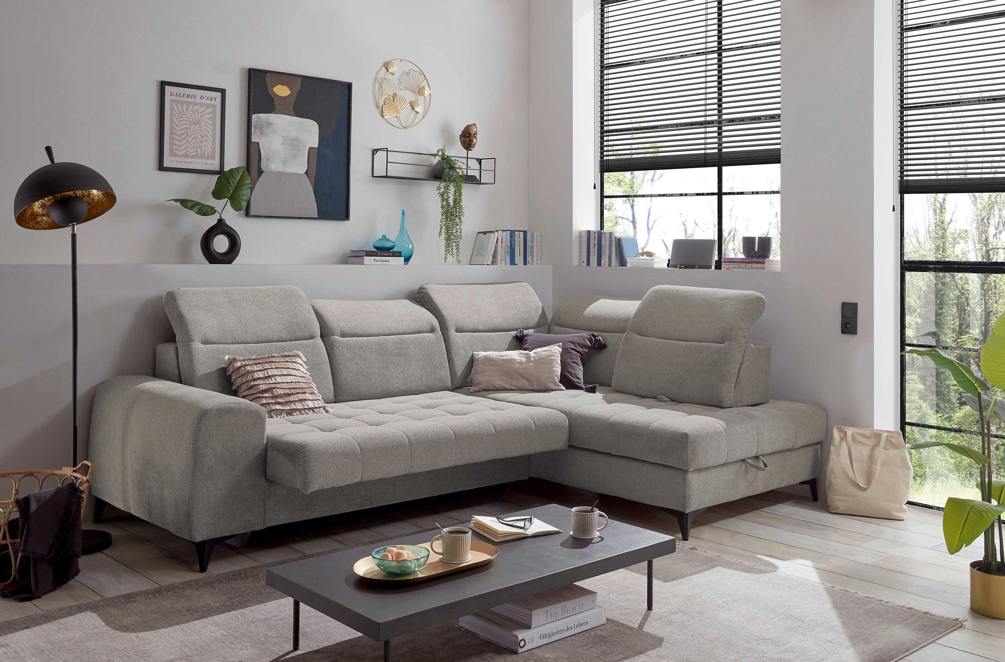 ED EXCITING DESIGN Ecksofa Rockdale L-Form mit Bettfunktion, Bettkasten, Kopfteilverstellung, Sitztiefenverstellung & USB-Port