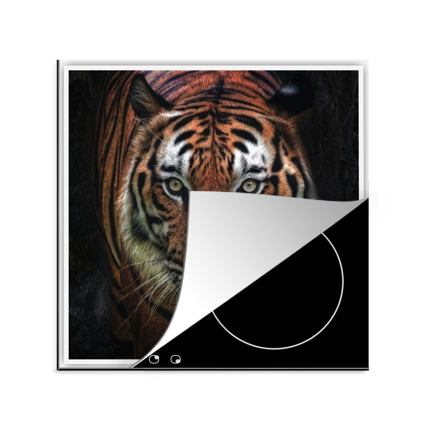 MuchoWow Herdblende-/Abdeckplatte Tiger - Kopf - Schwarz, Vinyl, (1 tlg), 78x78 cm, Ceranfeldabdeckung, Arbeitsplatte für küche