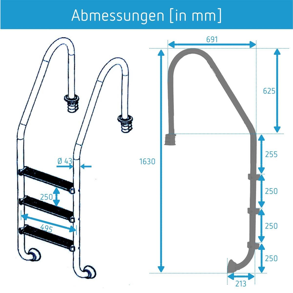 Poolleiter Einhänge-Leiter aus Edelstahl, 3 stufig Standard-Modell