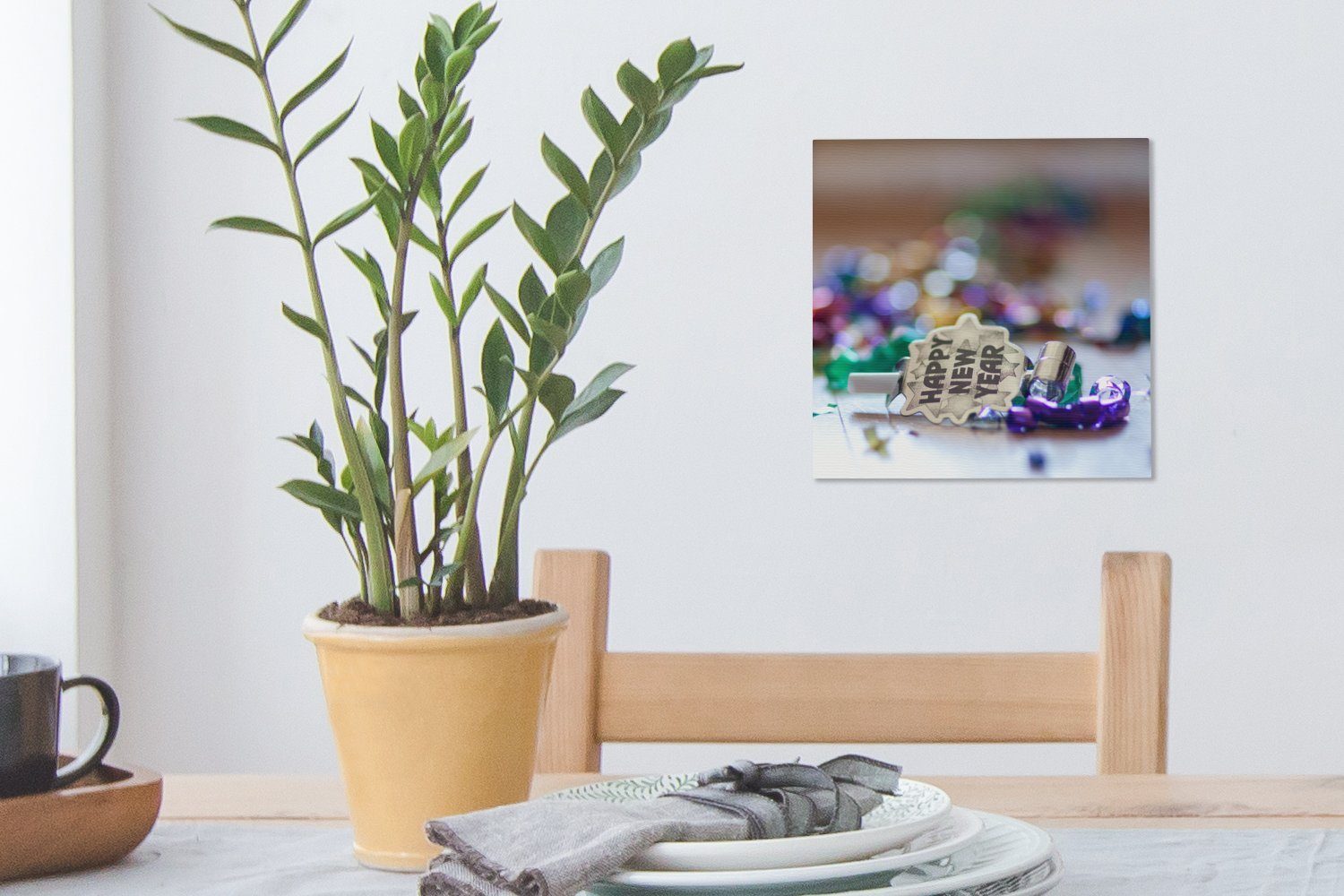 OneMillionCanvasses® Leinwandbild Frohes auf Boden, Bilder Wohnzimmer Leinwand Konfetti mit Schlafzimmer für dem (1 neues St), Jahr