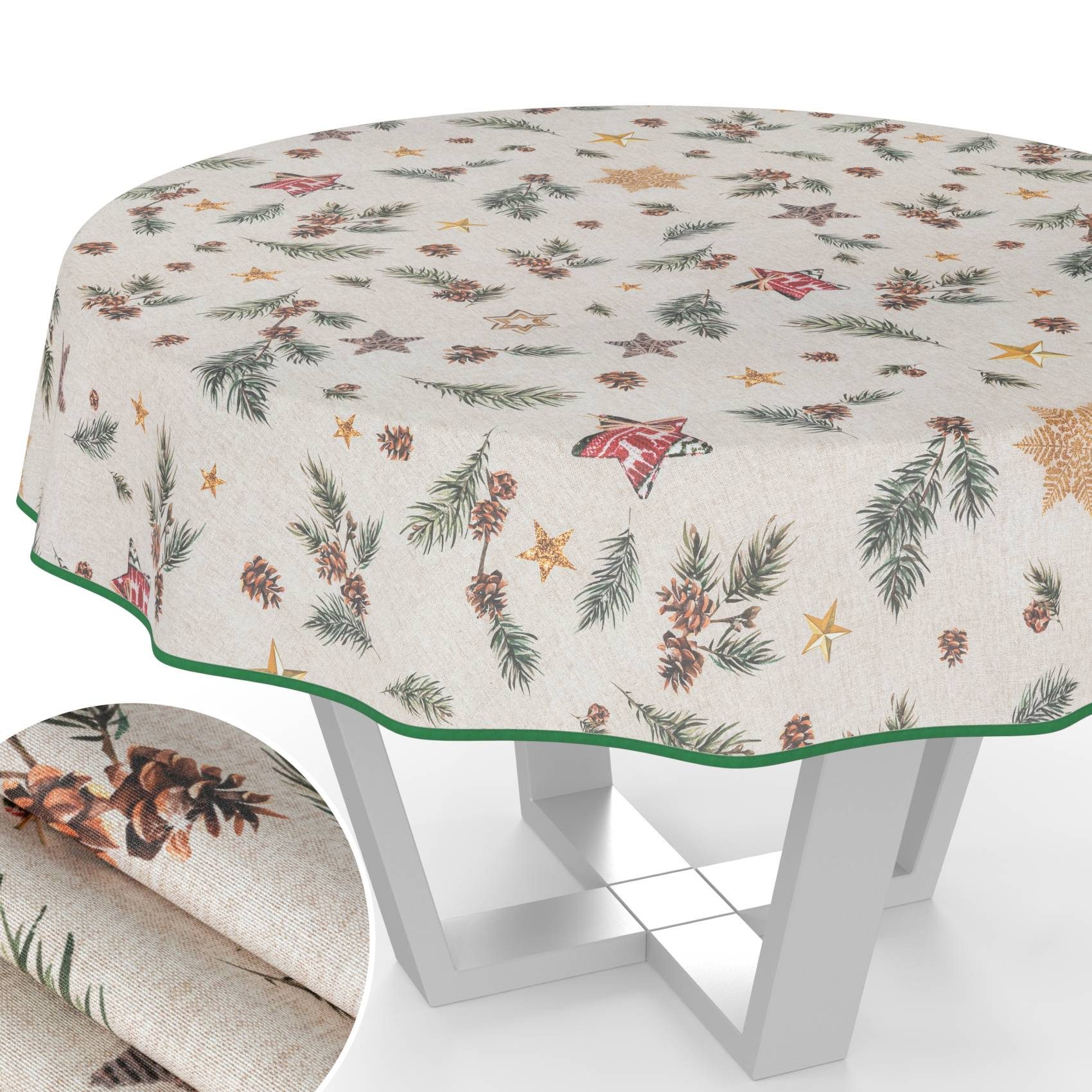 ANRO Tischdecke pflegeleicht Weihnachten Tischtuch Christmas Tannenzapfen Tischwäsche (Einzelstück 1-tlg), Schutz-Beschichtung wasserabweisend Rund 100cm