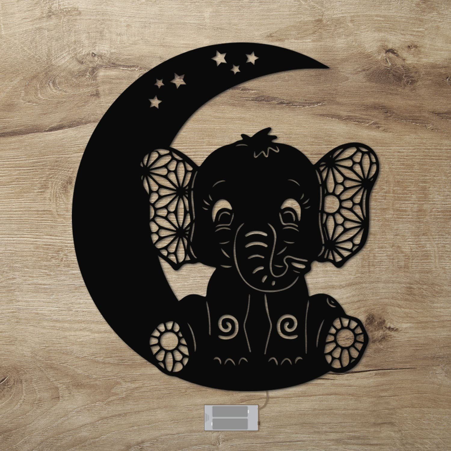 Namofactur LED Nachtlicht Elefant auf Mond - Schlaflicht mit Elefanten Motiv für Kleinkinder, Ohne Zugschalter, LED fest integriert, Warmweiß, Wanddekoobjekt Kinderzimmer Leuchte batteriebetrieben Schwarz