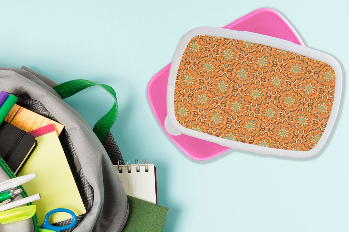 MuchoWow Lunchbox Orange - Mandala - Mädchen, - Snackbox, rosa Brotbox Kinder, für Erwachsene, Vintage, Bohème Design Kunststoff (2-tlg), Kunststoff, - Brotdose