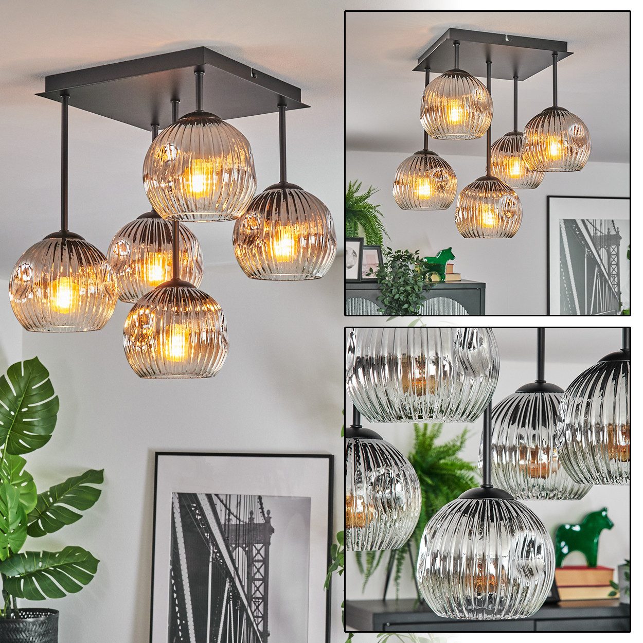 hofstein Deckenleuchte Deckenlampe aus Metall/Riffelglas in Schwarz/Chrom-/Rauchfarben/Klar, Deckenleuchte im Retro/Vintage-Design (Schirm Ø 15 cm), 5 x E14