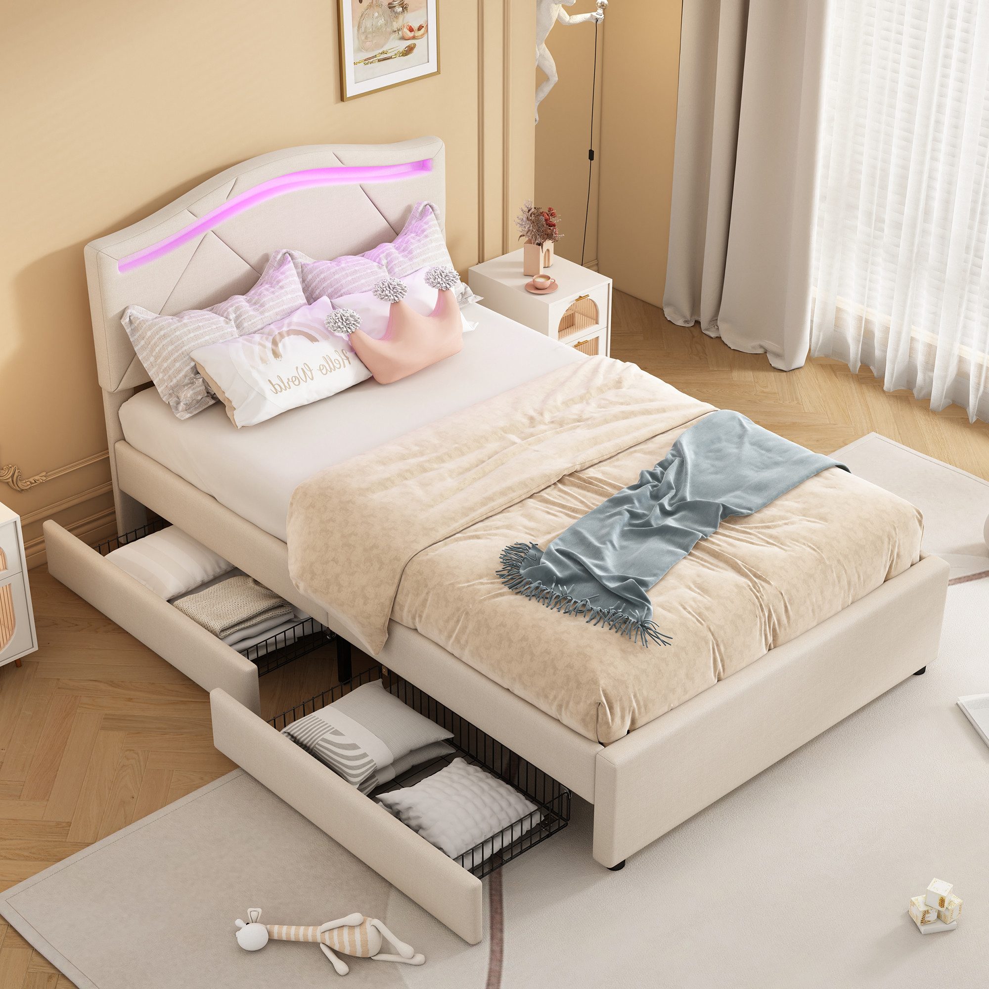 Furnishings Home Polsterbett Einzelbett Stauraumbett LED (Verstellbares Kopfteil), Mit LED-Beleuchtung, Schubladen, Lattenrost, Leinen, 90x200 cm