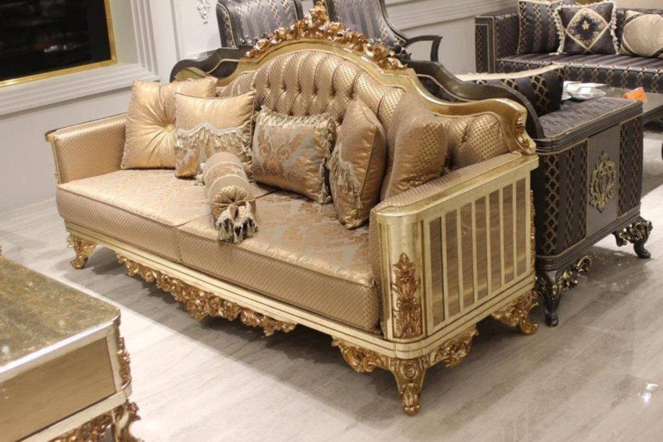 Xlmoebel Chesterfield-Sofa Chesterfield Sofa Ensemble 3+1+1 Gesamt Set Stühle Gold Gewebe, 3 Teile, Hergestellt in Europa
