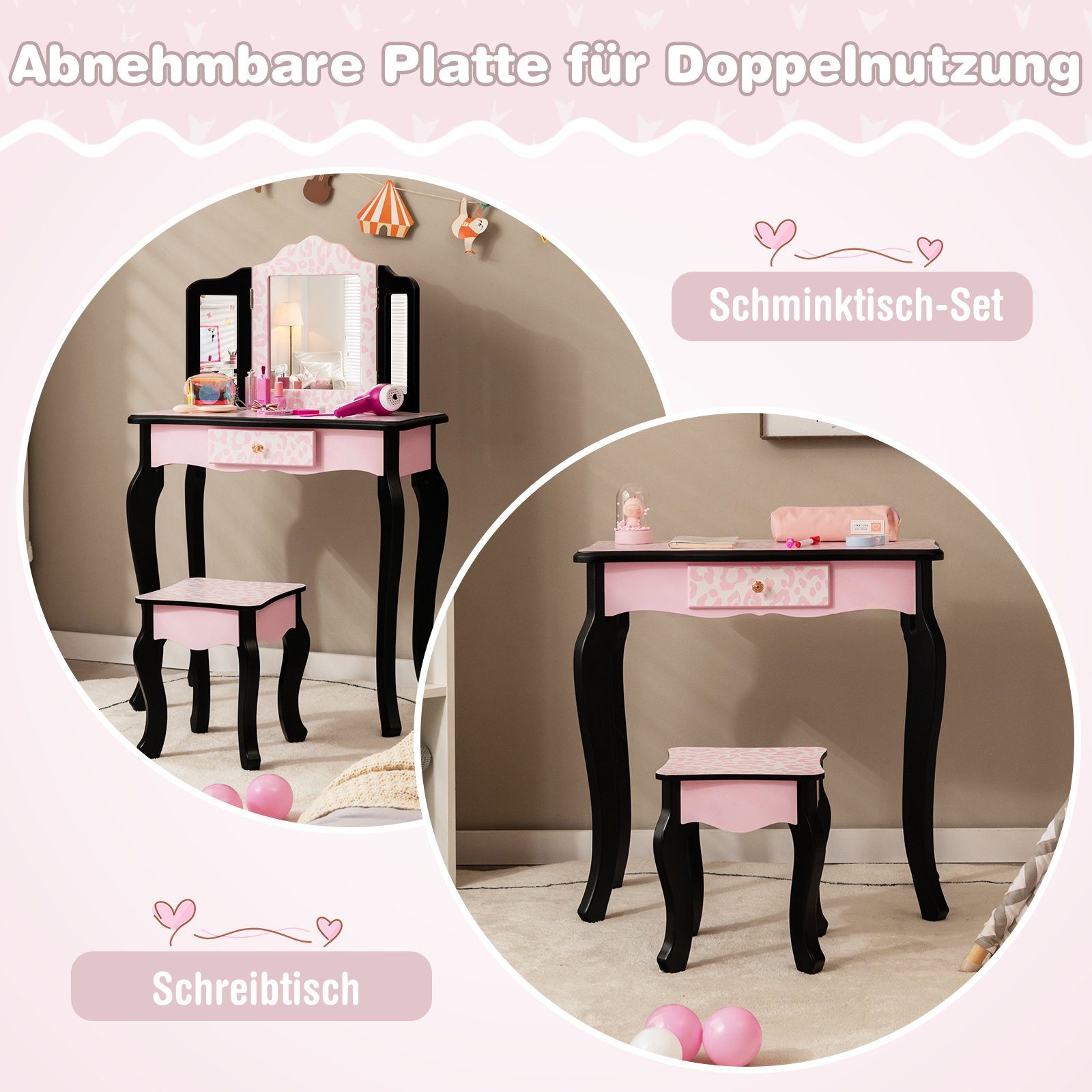 und Kinder Schminktisch rosa Schreibtisch, schwarz Schublade COSTWAY & Spiegel mit