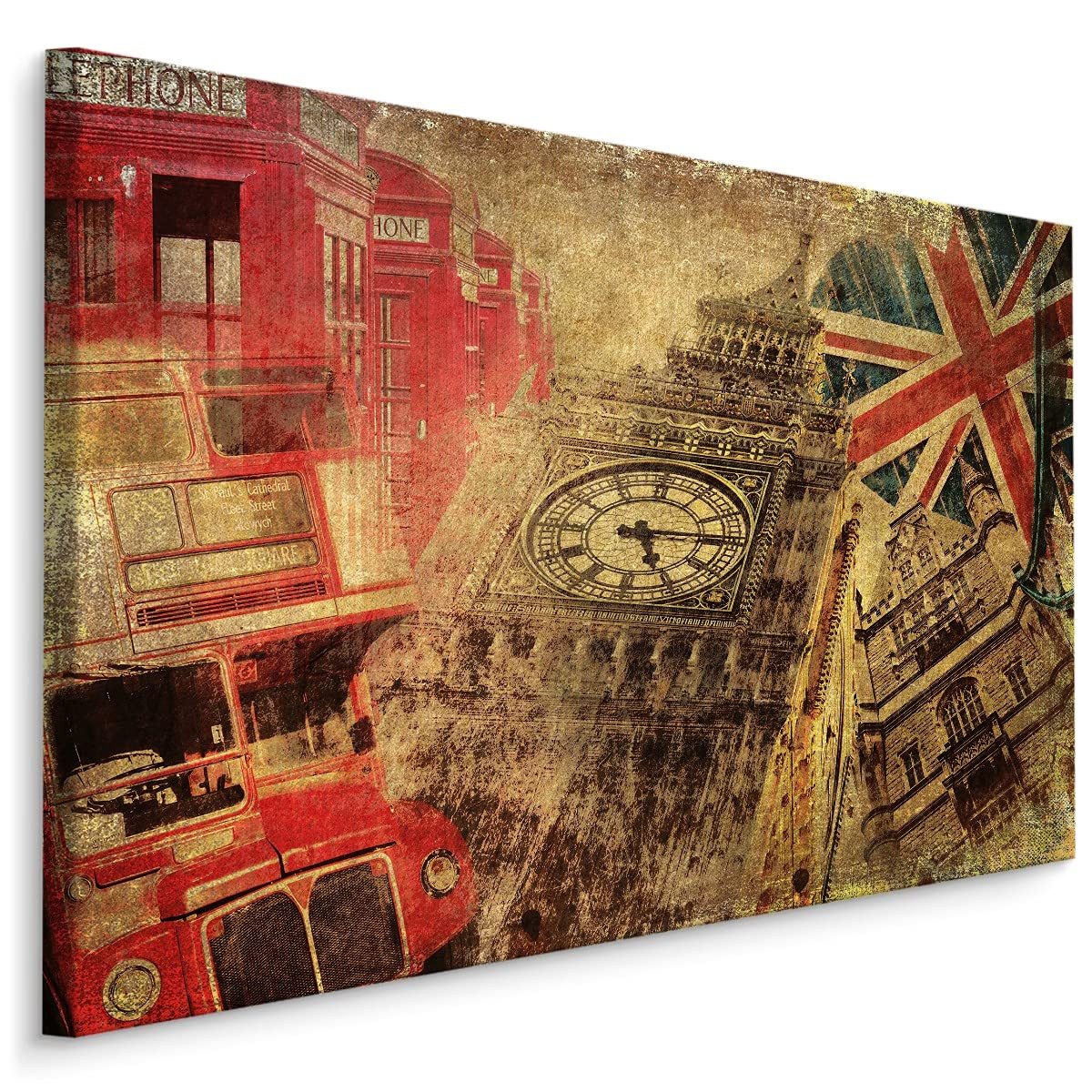Muralo Leinwandbild Architektur – Leinwandbild Wandbild Kunstdruck Wohnzimmer, Gebäude (1 St), Symbole – London – Retro-Stil, 30 x 20 cm, aufhängefertig