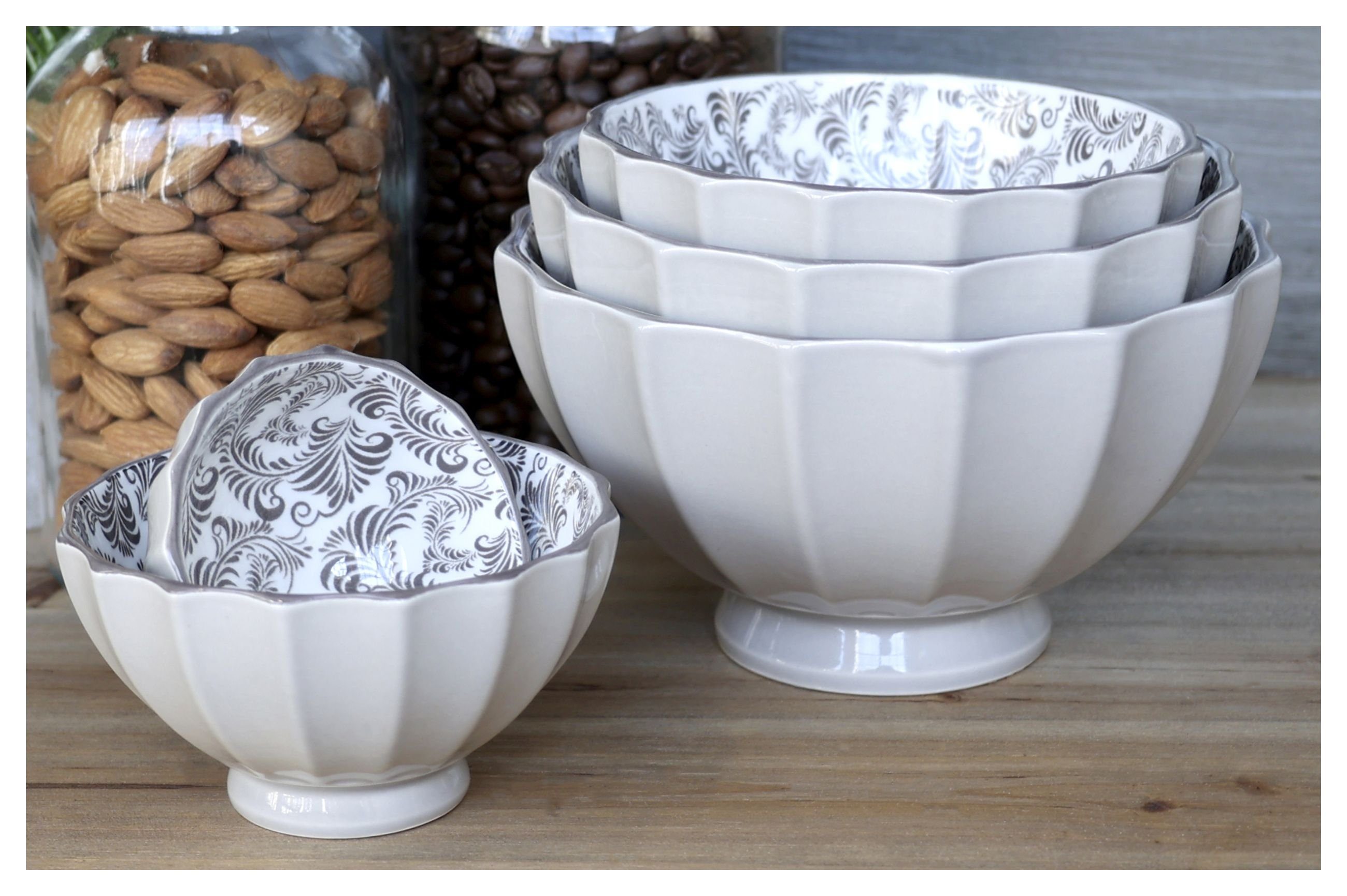 Chic Antique Schüssel 5er Schalen Schüssel Set Ares Grau Weiß Muster Chic Antique 61065220, Porzellan