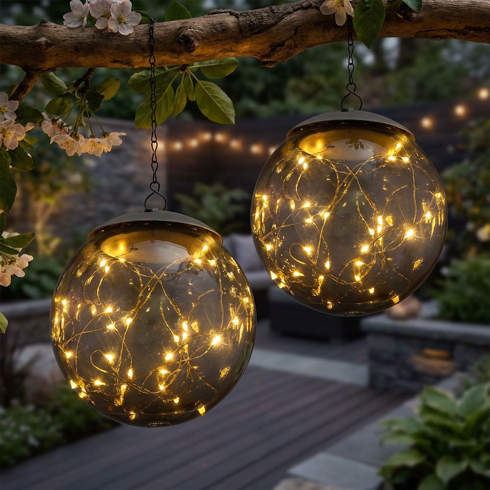 GLOBO LIGHTING LED Solarleuchte, LED-Leuchtmittel fest verbaut, Warmweiß, 2x LED Solar Hänge Leuchten rauch Garten Außen Pendel Kugel Lampen