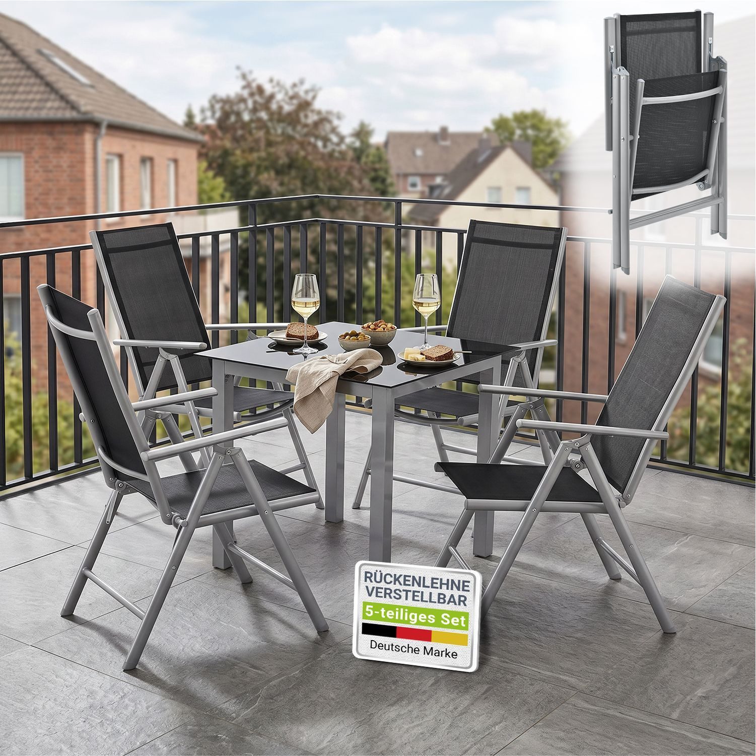 Juskys Garten-Essgruppe Milano, (5-tlg), 4 Gartenstühlen plus Tisch - Stühle klappbar und verstellbar