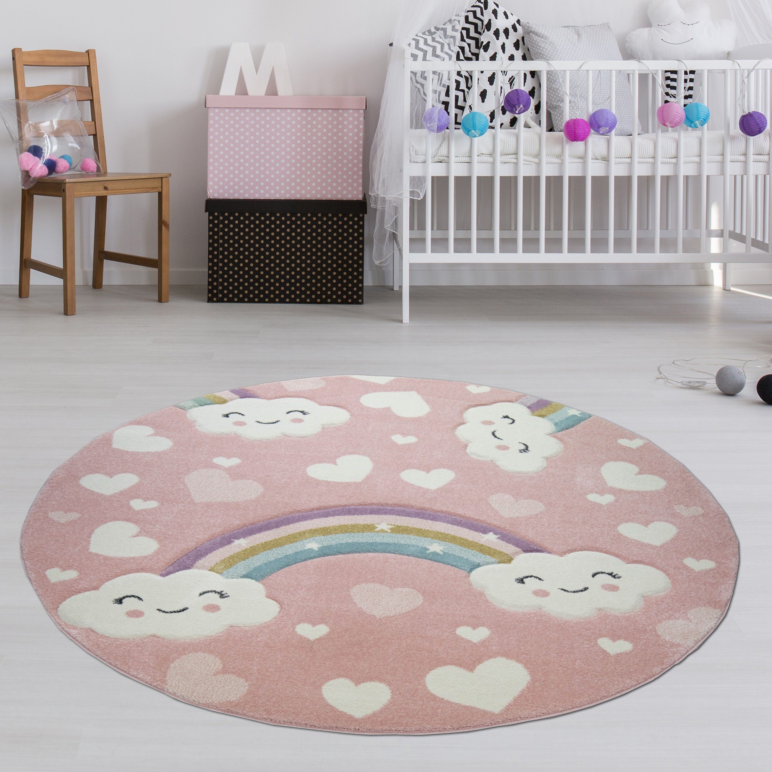 TeppichHome24 Kinderteppich Kinderteppich Regenbogen mit Wolken günstig online kaufen