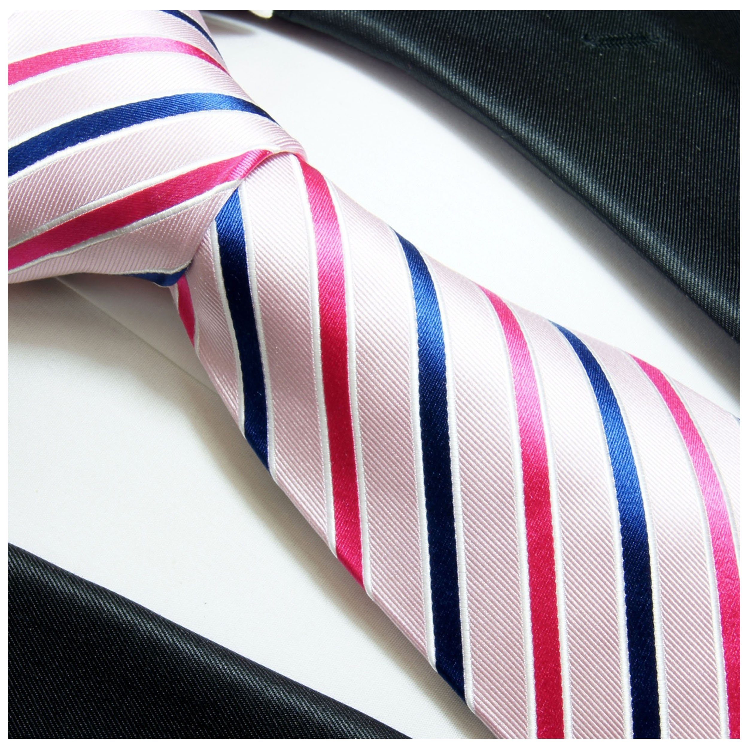 100% Seidenkrawatte gestreift Schmal (Set, Herren (6cm), mit Malone Einstecktuch) mit 2-St., Krawatte 600 Paul Tuch Krawatte blau modern rosa pink Seide