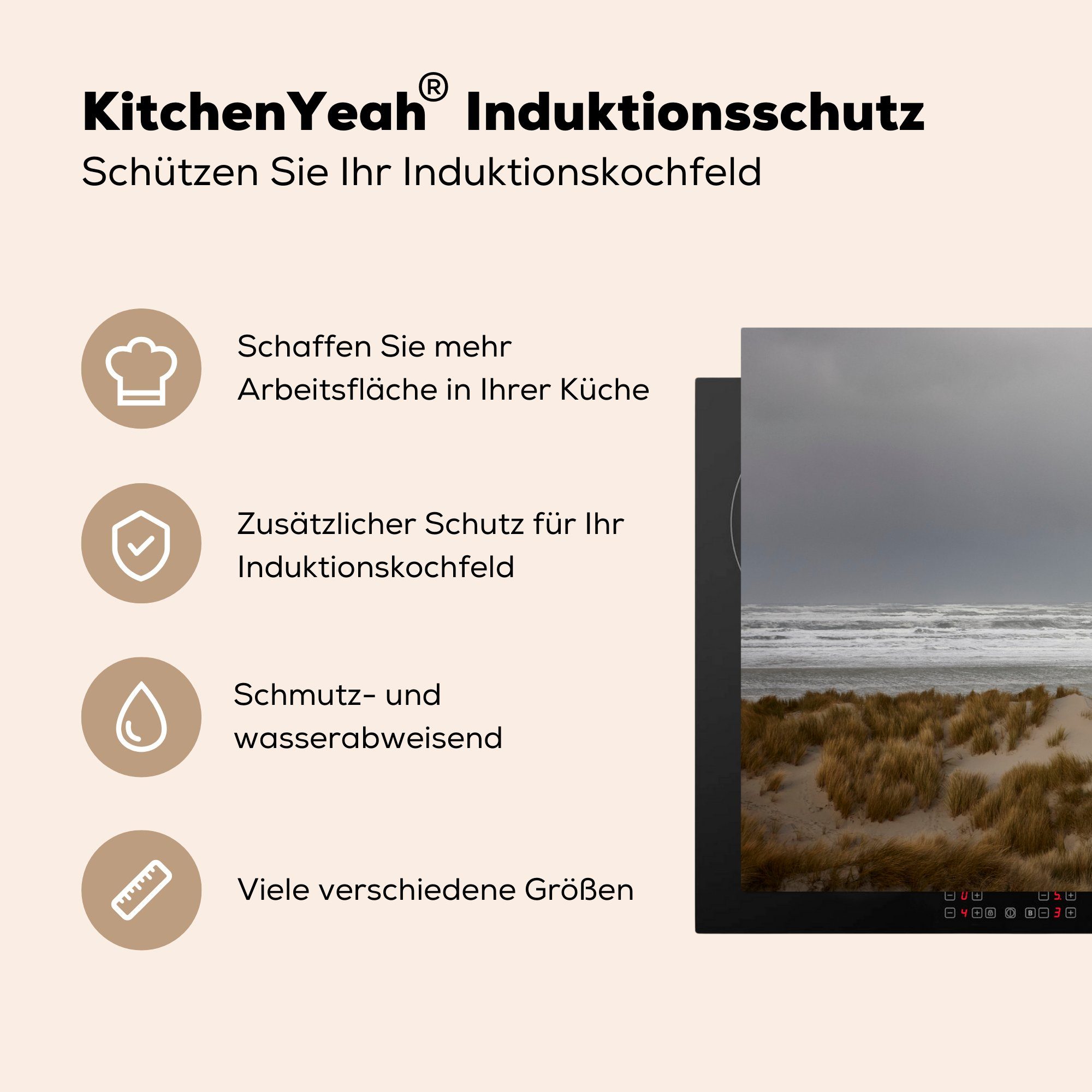 MuchoWow Herdblende-/Abdeckplatte Blick von den die auf Ceranfeldabdeckung 81x52 Terschelling, einen tlg), Dünen Schutz Vinyl, cm, dunklen Induktionskochfeld für Himmel auf (1 küche