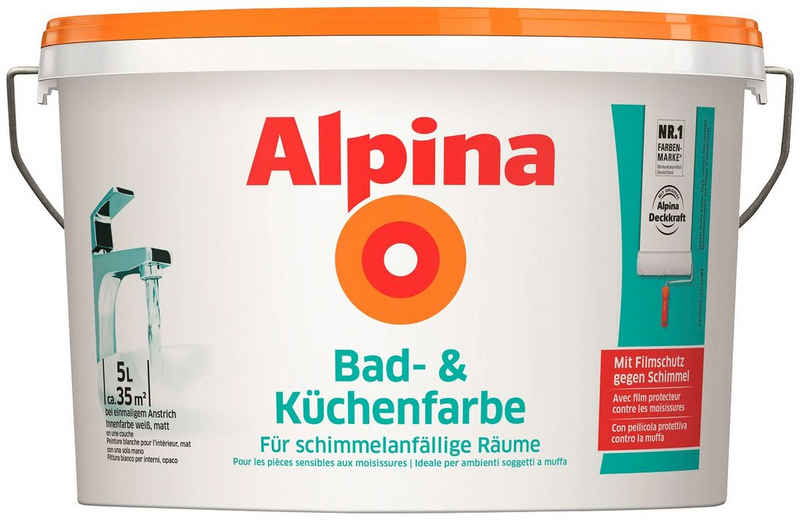 Alpina Wand- und Deckenfarbe Bad- & Küchenfarbe weiß, matt, 5 Liter