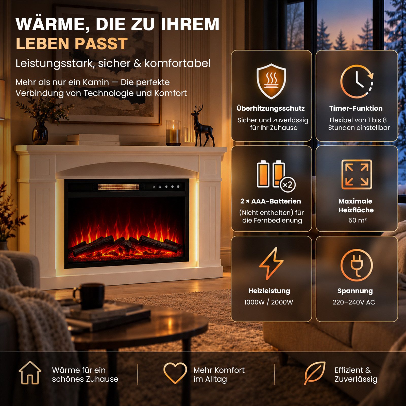 HOMAVO Elektrokamin mit Schrank, 23", 1000/2000W Heizung, 3D-Flammeneffekt, Schrankgröße: 100 × 26 × 87 cm, LED-Leiste, Fernbedienung – Bild 4 von 5