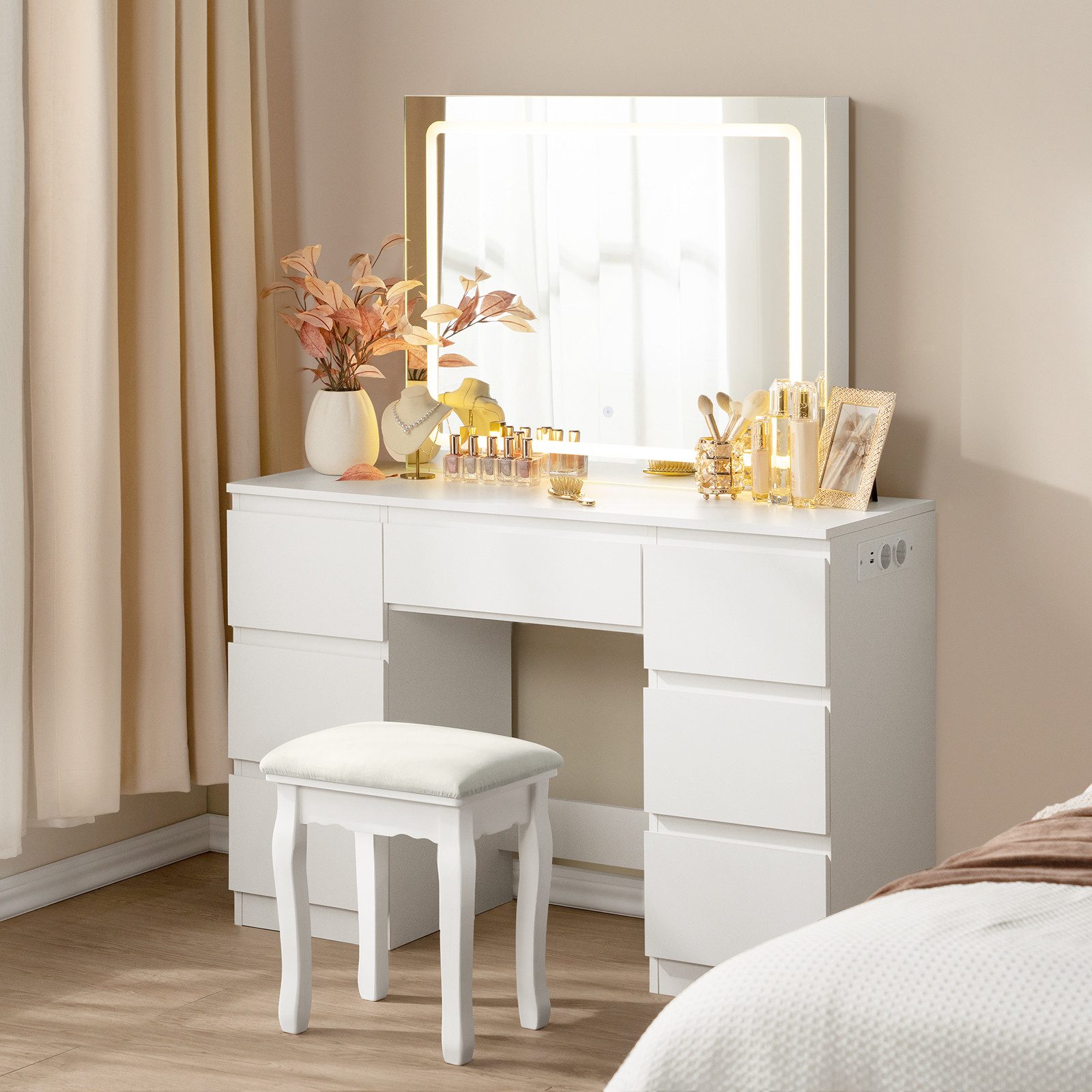 Woltu Schminktisch, mit Steckdose, mit LED-Beleuchtung Spiegel, 7 Schubladen
