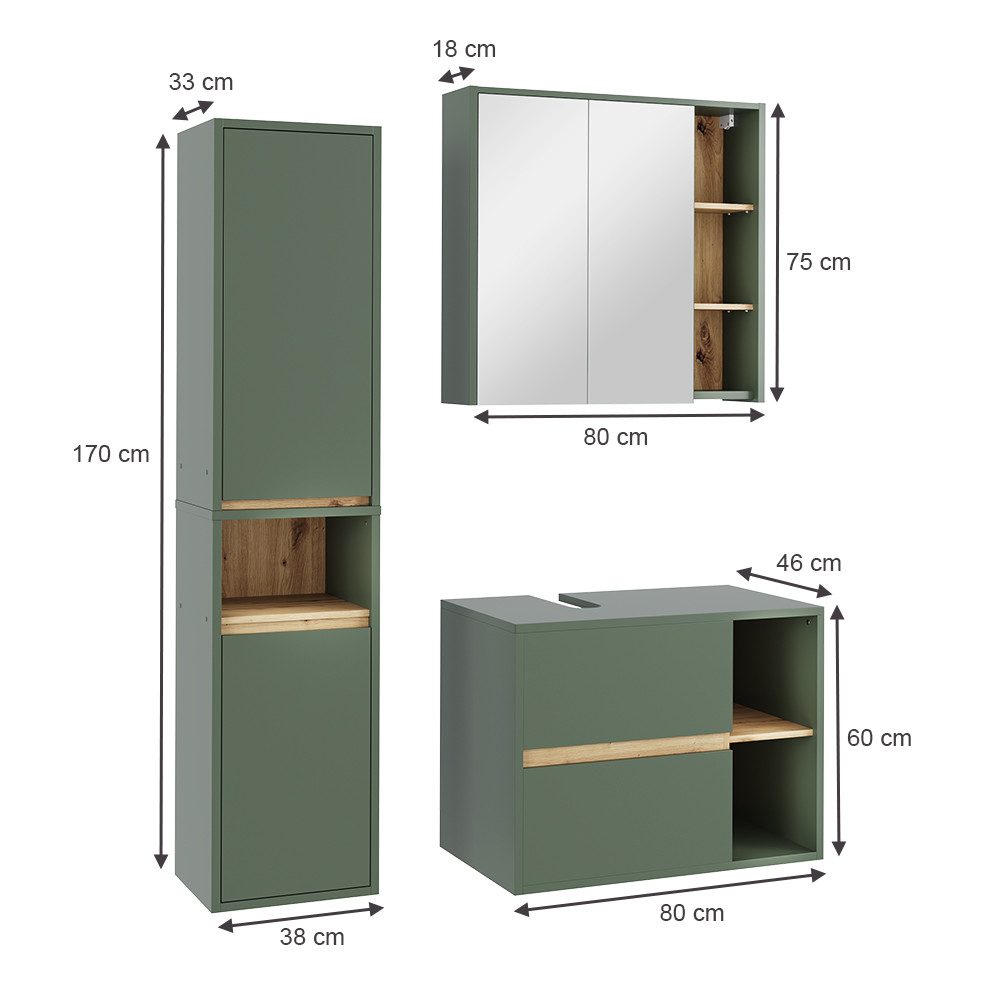 Vicco Badmöbel-Set Viola, Grün/Artisan, 3 Teile, günstig online kaufen